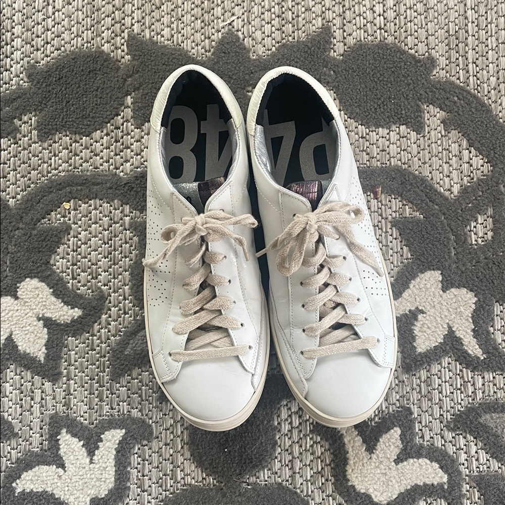 P448 White Leather Sneakers Gold Shiny Under Lace Look White/White Sz EU 43